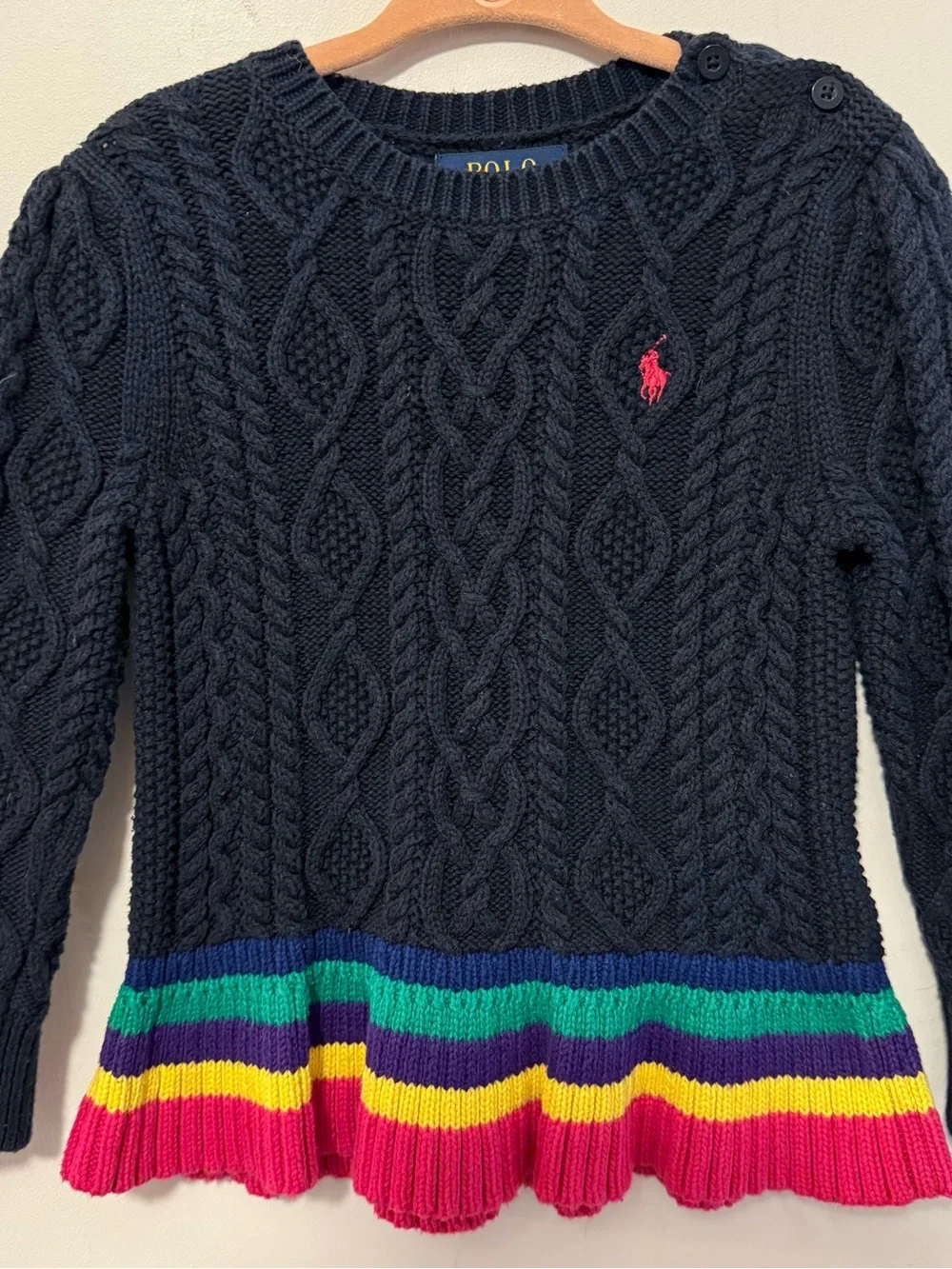 Ralph Lauren Navy Cable Knit Sweater with Pink Pony and Rainbow Hem